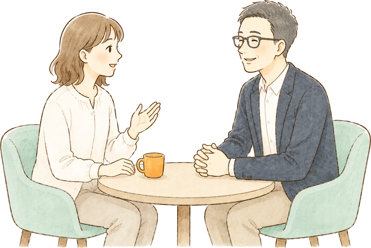管理職がスタッフの話を落ち着いて聴いている1on1のイラスト