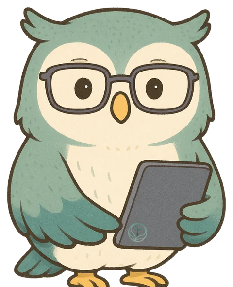 タブレットを持ったフクロウのキャラクター、ノクティス